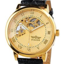 ESS Gent Golden Case Skeleton Dial Hand-Wind Up Leather Mechanical WM208