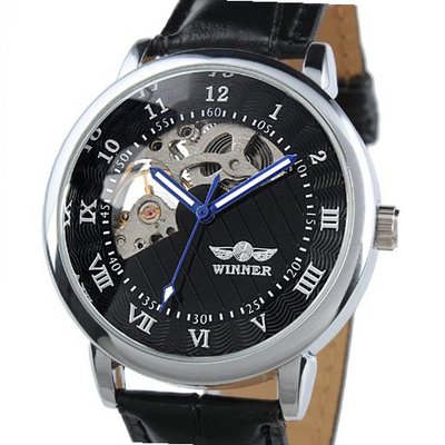 ESS Gents Black Skeleton Dial Hand-Wind Up Leather Mechanical WM206