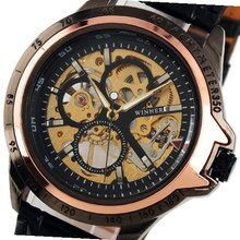 ESS Rose Gold Skeleton Black Leather Hand-Wind Up Mechanical WM267