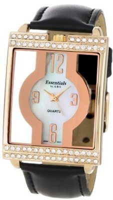 Essentials By A.B.S. Black Leather Crystal Bezel Rose Gold Tone Unique 40031