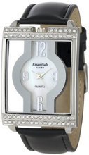 Essentials By A.B.S. Black Leather Crystal Bezel Silvertone Unique 40033