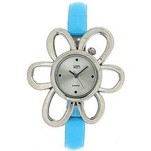 Eton Ladies Silver Tone Flower Case Light Blue PU Narrow Strap 2763L