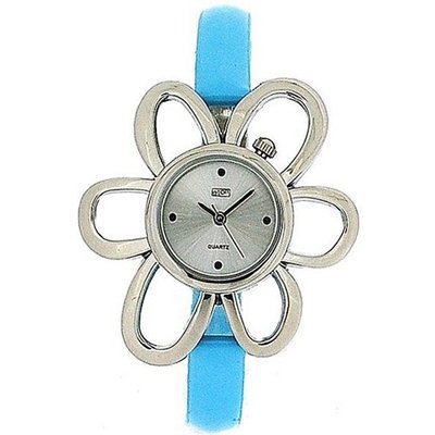 Eton Ladies Silver Tone Flower Case Light Blue PU Narrow Strap 2763L