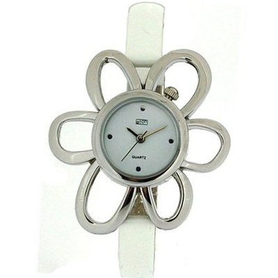 Eton Ladies Silver Tone Flower Case White PU Narrow Strap 2763L