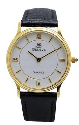 Euro Geneve 14K Gold Round Leather Band With White Dial