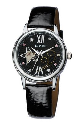 Ufingo-Automatic Mechanical Fashion Hollow Rhinestone Leather Strap For /Ladies/Girls-Black