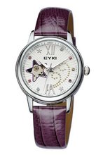 Ufingo-Automatic Mechanical Fashion Hollow Rhinestone Leather Strap For /Ladies/Girls-Purple