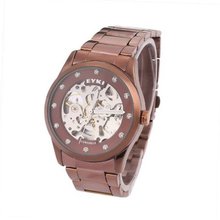 Ufingo-Automatic Mechanical Hollow Rhinestone Fashion Waterproof Retro For /Boys-Steel Band Brown