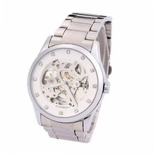Ufingo-Automatic Mechanical Hollow Rhinestone Fashion Waterproof Retro For /Boys-Steel Band White