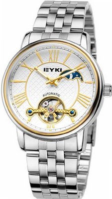 EYKI 8710 Tourbillon Automatic Mechanical Waterproof Wrist White & Golden Dial and Stainless Steel Band