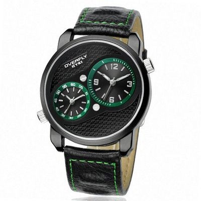 EYKI Dual Movement Dials Leather Quartz Analog Wrist Overfly EOV8571G Black Band Black Face