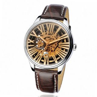 EYKI Leather Skeleton Automatic Mechanical Wrist EFL8560G Brown Band Brown Face