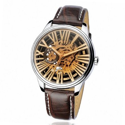 EYKI Leather Skeleton Automatic Mechanical Wrist EFL8560G Brown Band Brown Face