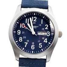 EYKI New Dark Blue Canvas Strap Quartz Daily Waterproof Wrist Calendar Week Analog