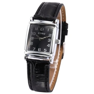 EYKI Retro Rectangle Case Steel Analog Lady Quartz Black Leather Wrist EKI058