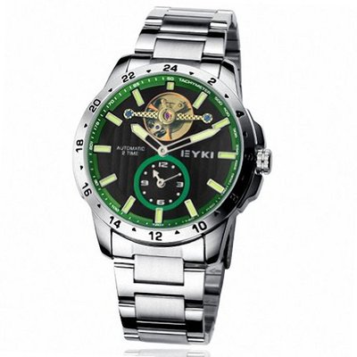 EYKI Stainless Steel Dual Time Zone Automatic Self-Winding Tourbillon Mechanical Wrist EFL8562AG Black Face Green