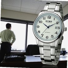 uEYKI Delicate Scales Leisure Fashion Male Stainless Steel Strap Mechanical Movement Analog Display Classic Round Mature Design WE8500AG White Color 