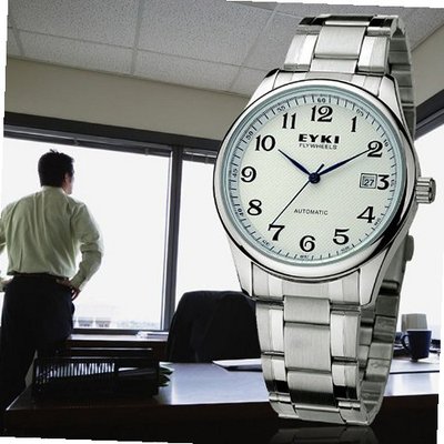 uEYKI Delicate Scales Leisure Fashion Male Stainless Steel Strap Mechanical Movement Analog Display Classic Round Mature Design WE8500AG White Color 