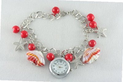 uFashion Watches New in Box Ladies Red Pearl Bead Shell Starts Charm Bracelet Ladies Girls Fashion 