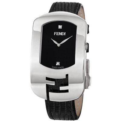 Fendi Large Chameleon Black Dial Black Leather Strap Diamond F300031011D1
