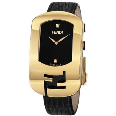 Fendi Large Chameleon Black Leather Strap Yellow Goldtone Diamond F300431011D1