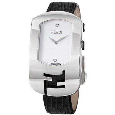 Fendi Large Chameleon White Dial Black Leather Strap Diamond F300034011D1