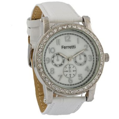 Ferretti Classic Chronograph Cubic Zirconia White Genuine Leather