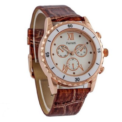 Ferretti FT12201 - Fashion - Roman Numerals Rose Case & Brown Leather Band - Chronograph Style