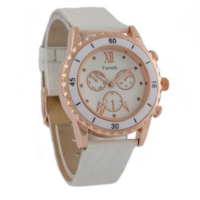 Ferretti FT12202 - Fashion - Roman Numerals Rose Gold Tone Case & White Leather Band - Chronograph Style