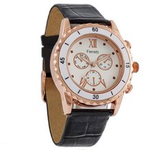 Ferretti Stylish Chronograph Roman Numerals Rose Gold Tone Case Black Genuine Leather