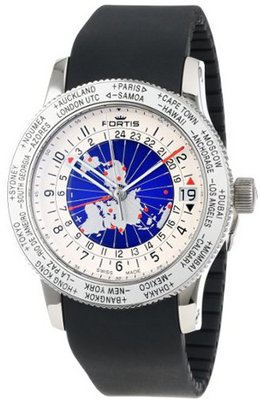 Fortis 674.20.15 K B-47 Worldtimer GMT Swiss Automatic Bidirectional Bezel Black Silicone GMT Date