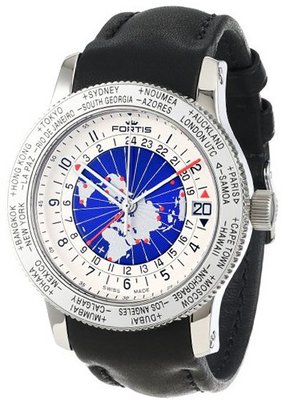 Fortis 674.20.15 L.01 B-47 Worldtimer GMT Swiss Automatic Bidirectional Bezel Black Leather GMT Date