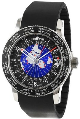 Fortis 674.21.11 K B-47 Worldtimer GMT Swiss Automatic Bidirectional Bezel Black Silicone GMT Date