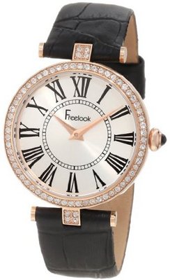 Freelook HA1025RG-1 Black Leather Band Silver Dial Rose Gold Cse Swarovski Bezel