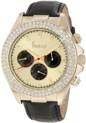 Freelook HA6306G-3 Black Leather Band Matt Gold Chronograph Dial Swarovski Bezel
