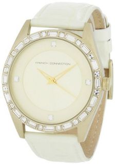 French Connection FC1008GG Glossy White Leather Strap Round Gold-Tone Stainless Steel Case