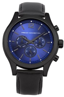 French Connection Unisex Quartz with Silver Dial Chronograph Display and Black Leather Strap FC1144BB