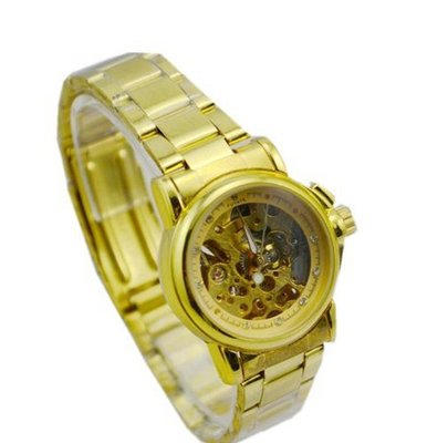 FUYATE Stainless Steel Gold Skeleton Hand Wind Mechanical