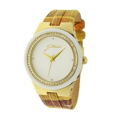 Gattinoni W0223GGTWHT Aries Gold IP White Dial White Bezel Ring with Zircons Planetarium Leather