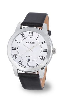 Black Genuine Leather Band with 18k White Gold Plated Stainless Steel (118026)