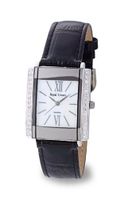 Black Genuine Leather with Created Crystals in 18k White Gold Plated Stainless Steel (118017)
