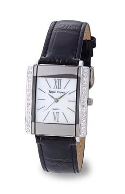 Black Genuine Leather with Created Crystals in 18k White Gold Plated Stainless Steel (118017)