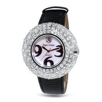Black Genuine Leather with Crystal in 18K Rose Gold Plated Stainless Steel (128908)