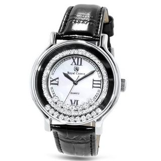 Black Genuine Leather with Crystals in 18K White Gold Plated Stainless Steel (128903)