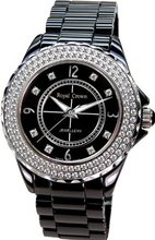 Gemorie Black Ceramic Round Shape with Cubic Zirconia in Rhodium Plating (129019)