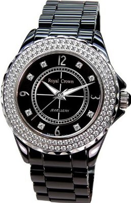 Gemorie Black Ceramic Round Shape with Cubic Zirconia in Rhodium Plating (129019)
