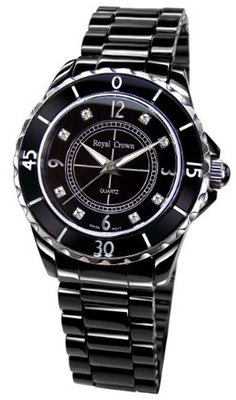 Gemorie Black Ceramic Round Shape with Cubic Zirconia in Rhodium Plating (129025)