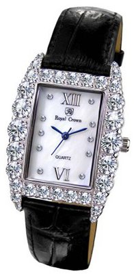 Gemorie Black Genuine Leather Rectangular with Cubic Zirconia in Rhodium Plating (128955)