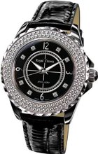 Gemorie Black Genuine Leather Round Shape with Cubic Zirconia in Rhodium Plating (129022)