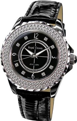 Gemorie Black Genuine Leather Round Shape with Cubic Zirconia in Rhodium Plating (129022)